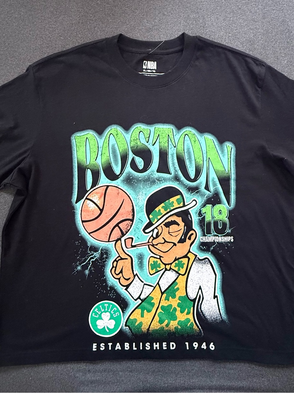 NBA Boston Celtics Black Tee — Green & Orange Graphic